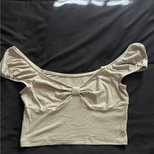 Beige Off-Shoulder Ribbed Top